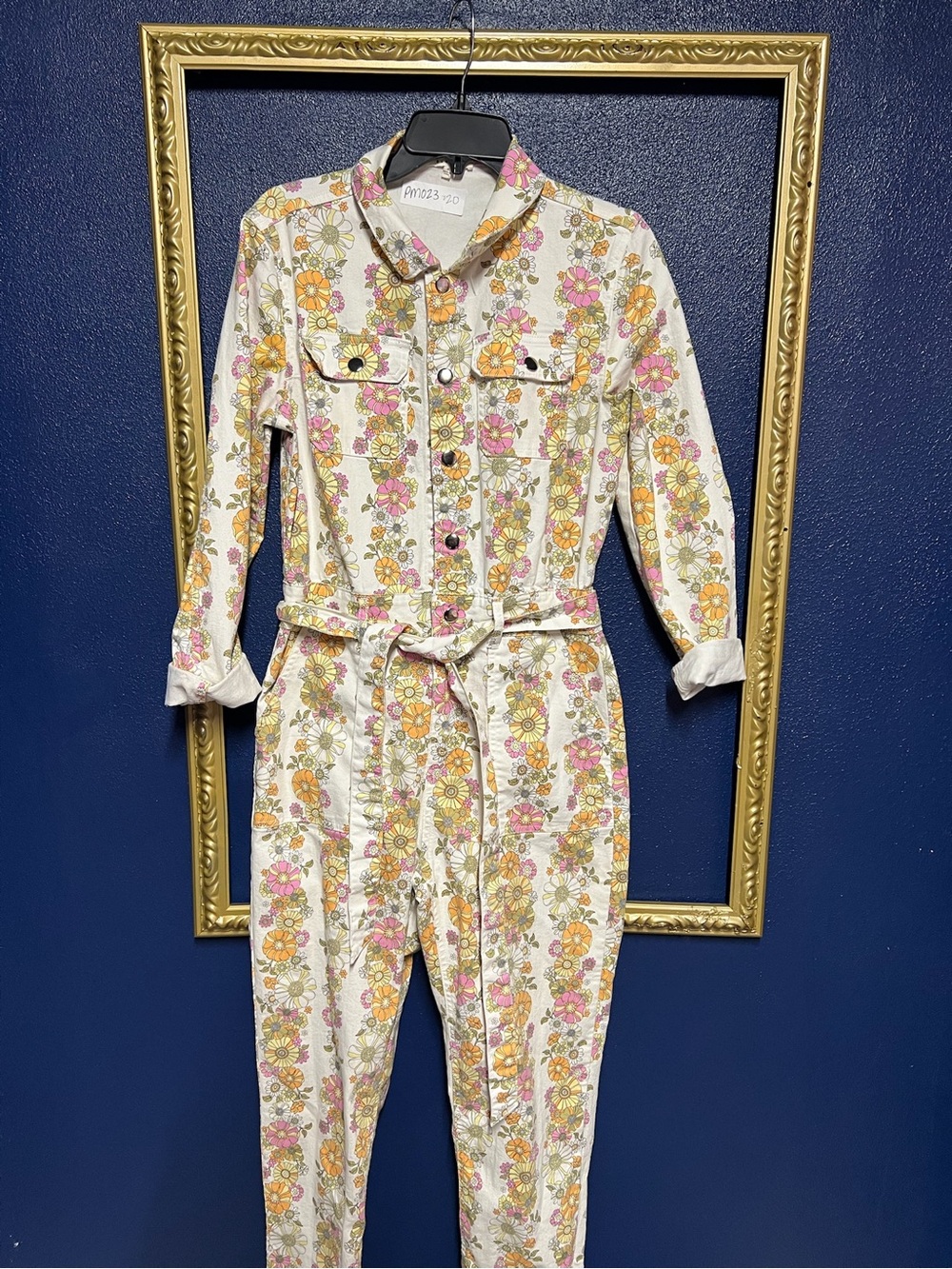 Floral Button-Up Belted Jumpsuit in Pink, Yellow & Green